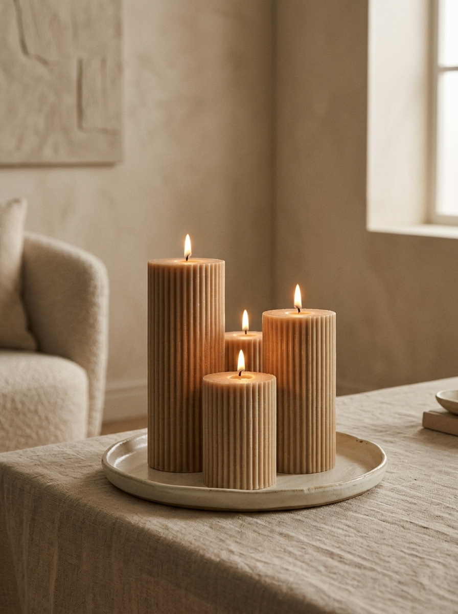Sereno Pillar Candle Trio - lit as a table centerpiece