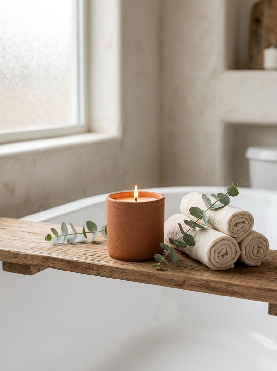Terra Matte Ceramic Vessel Candle - styled in a spa bathroom